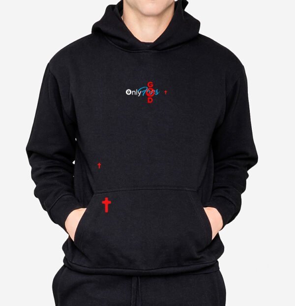 Close-up of a black Hoodie X – trendy streetwear clothing for men and women